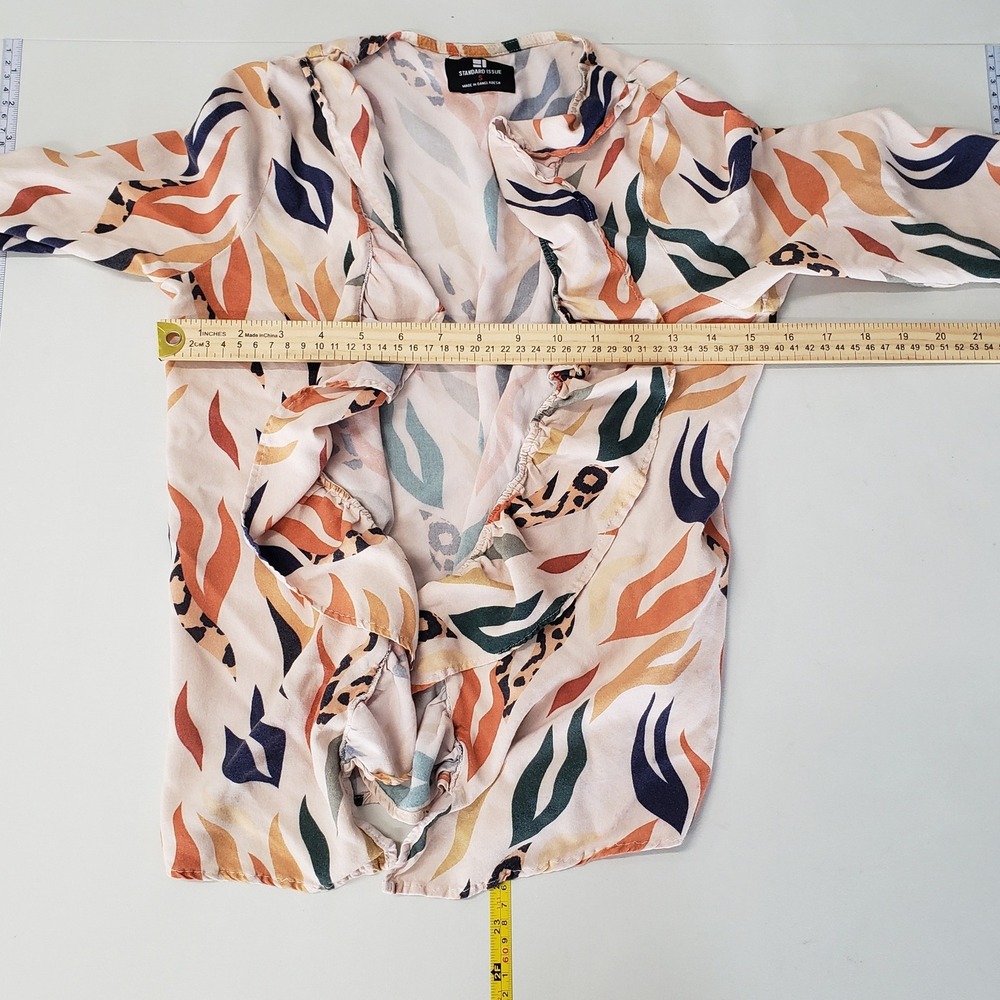 Standard Issue Womens Abstract Print Ruffle Open Front Cardigan Artsy Electric - Picture 3 of 7